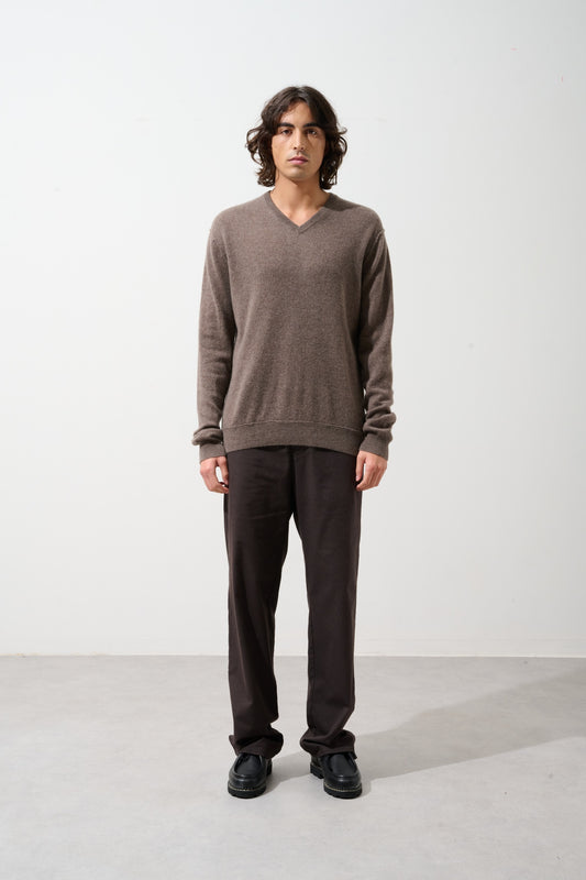 TIMEO pull col v taupe chiné 100% cachemire