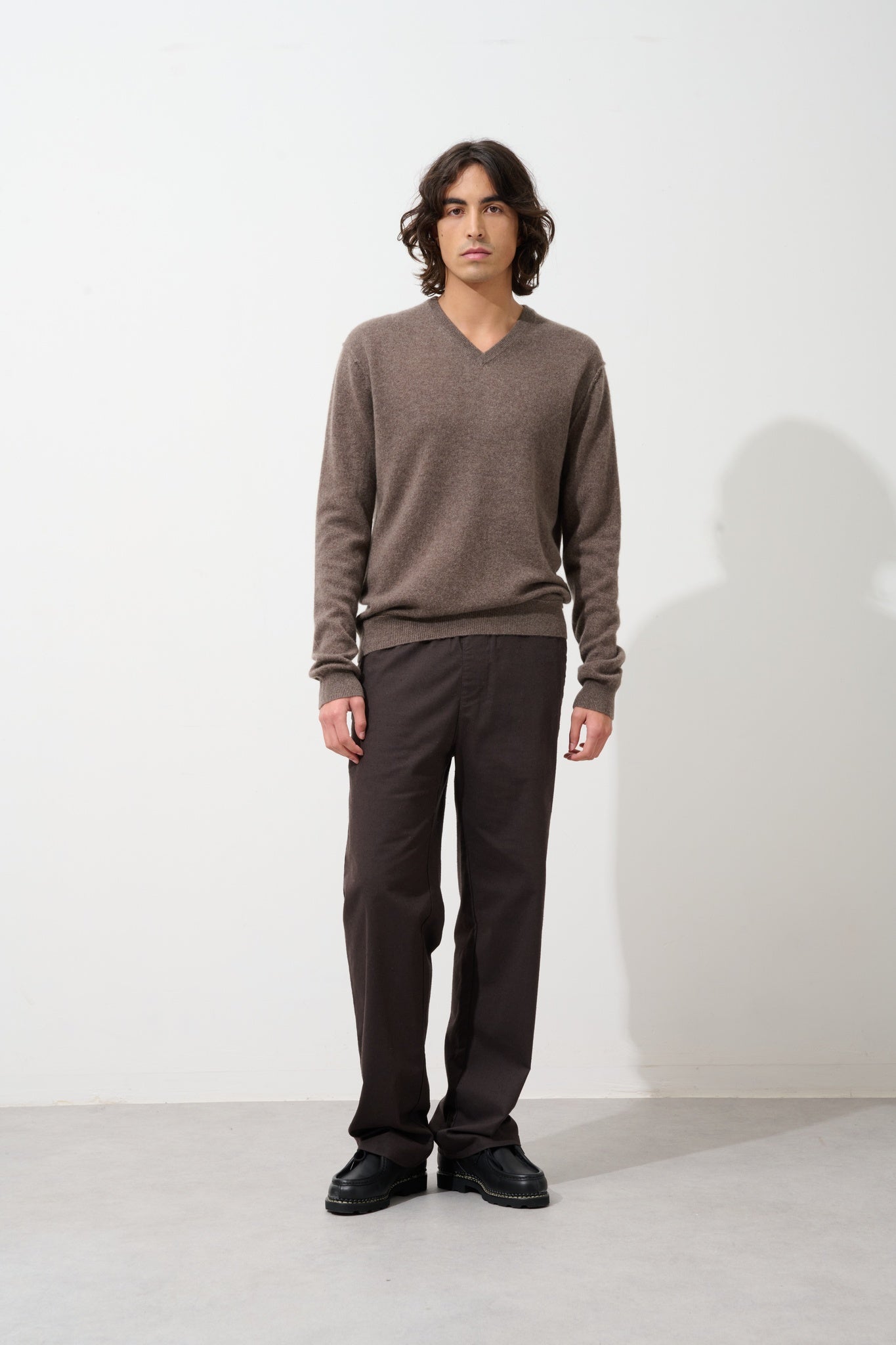 TIMEO Pullover mit V-Ausschnitt taupe meliert 100% Kaschmir