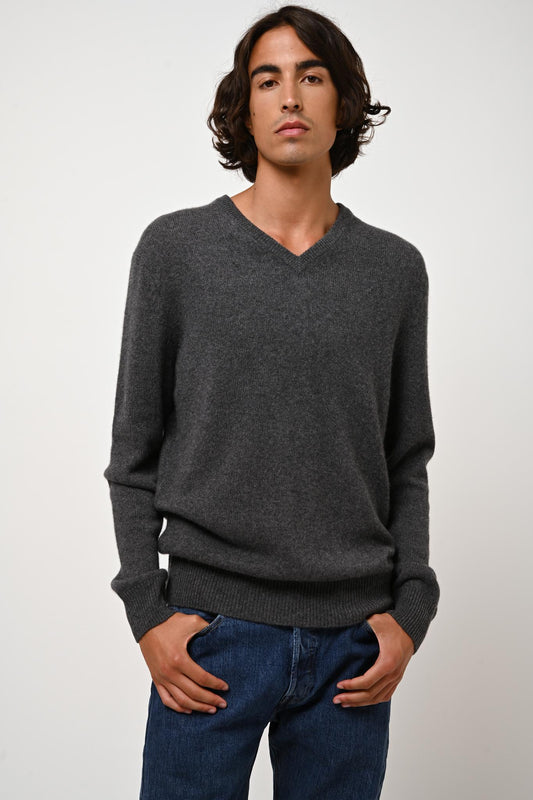 VICTOR 4-thread v-neck sweater anthracite mottled 100% cashmere