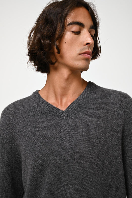 VICTOR 4-thread v-neck sweater anthracite mottled 100% cashmere