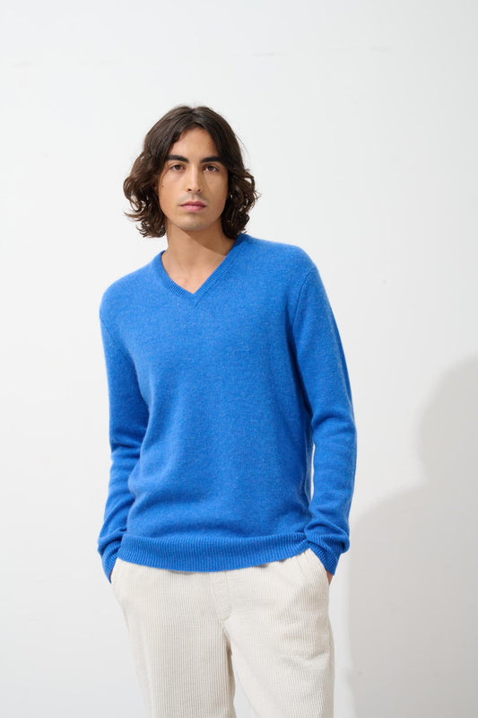 VICTOR Pullover mit V-Ausschnitt und 4 Fäden in Elektroblau 100% Kaschmir