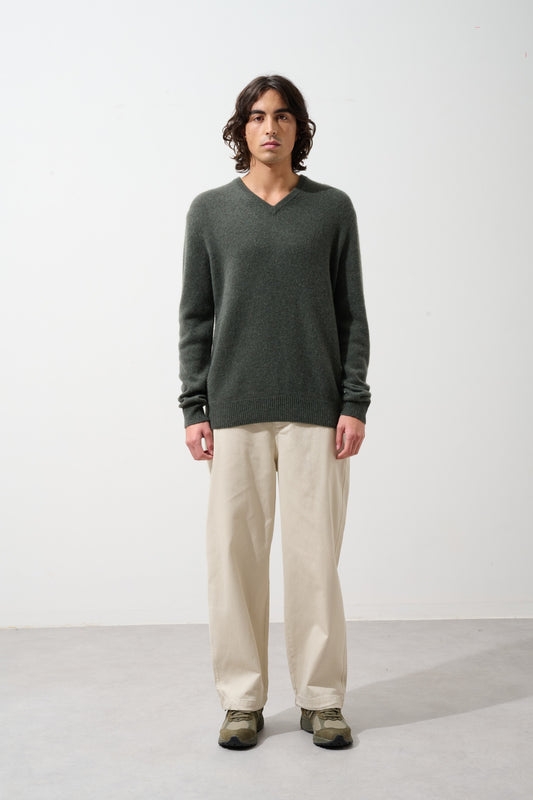 VICTOR pull col v 4 fils kaki chiné 100% cachemire