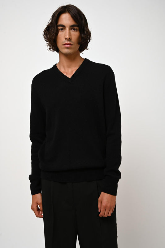 VICTOR black 4-thread v-neck sweater 100% cashmere