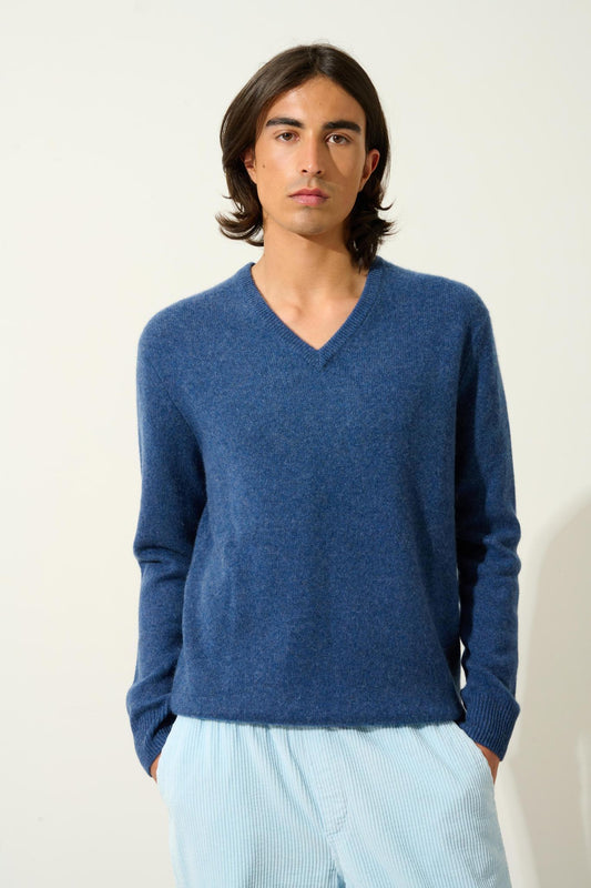 VICTOR 4-thread ocean chiné v-neck sweater 100% cashmere