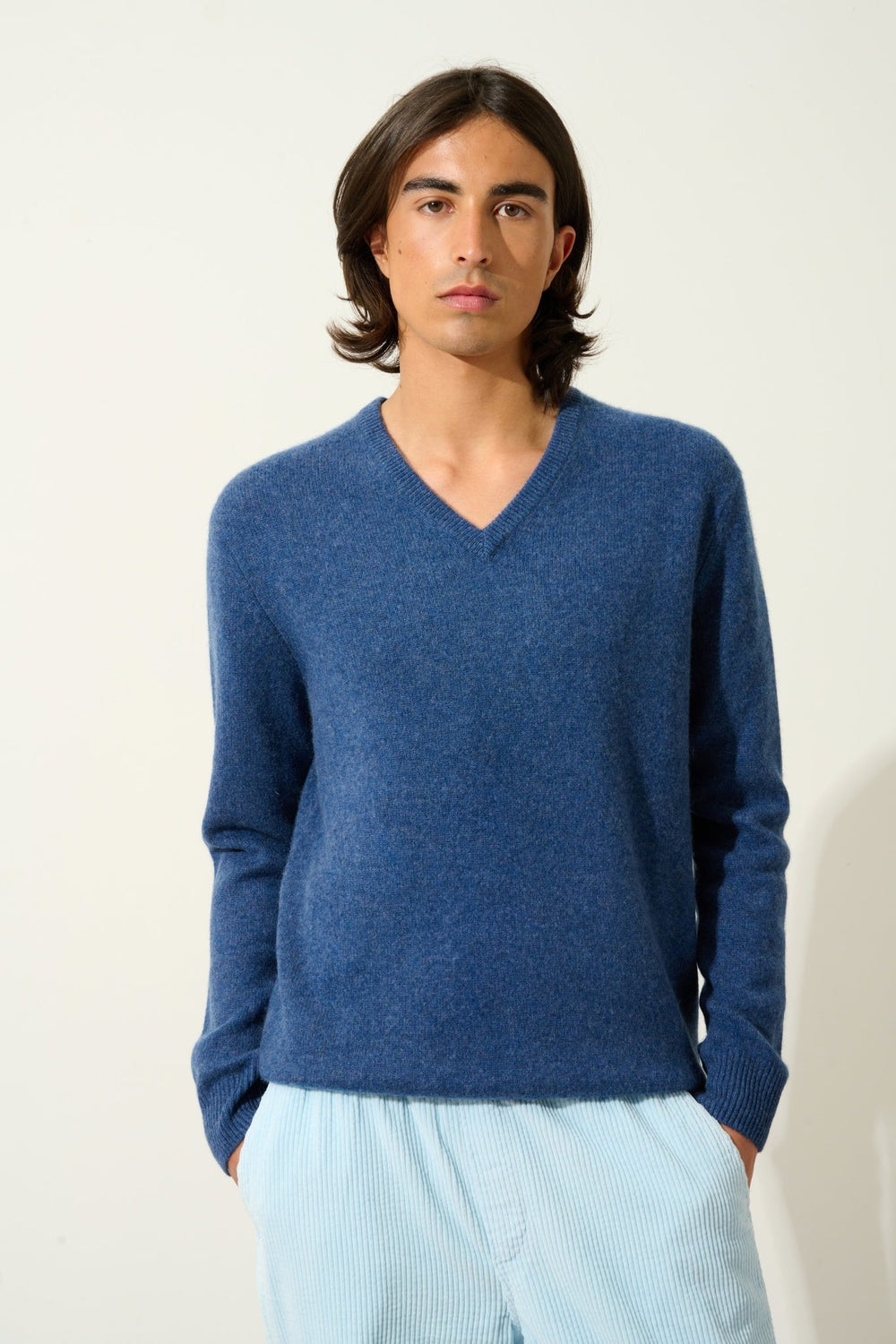 VICTOR pull col v 4 fils ocean chiné 100% cachemire