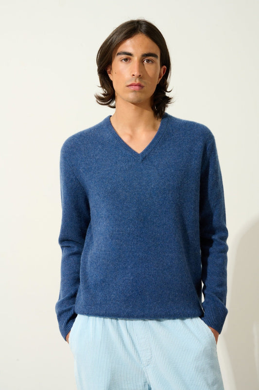 VICTOR 4-fädiger Ocean Heather V-Ausschnitt Pullover 100% Kaschmir