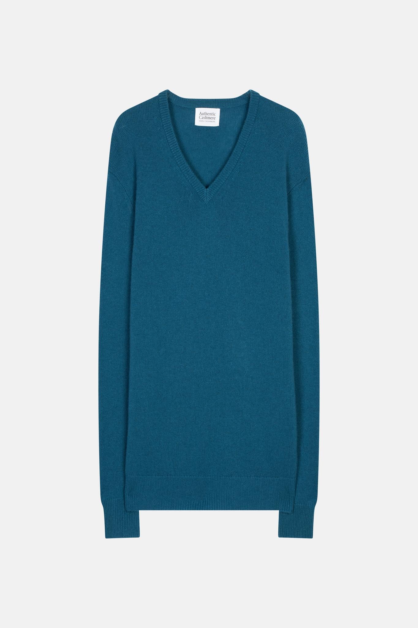 VICTOR Pullover mit V-Ausschnitt 4 Fäden Pfau 100% Kaschmir