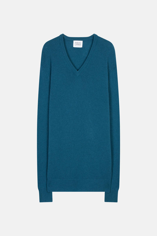 VICTOR Pullover mit V-Ausschnitt 4 Fäden Pfau 100% Kaschmir