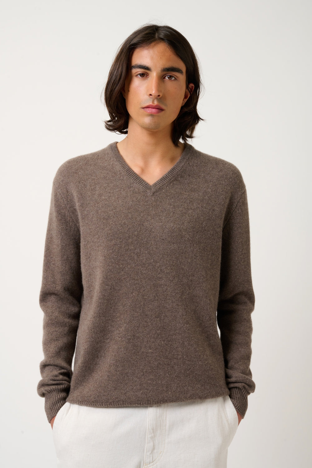 VICTOR v-neck 4-thread taupe mottled sweater 100% cashmere