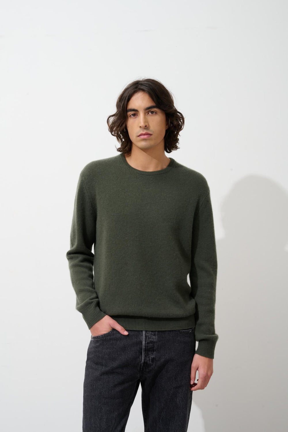 VICTO Pullover mit Rundhalsausschnitt 4 Fäden khaki 100% Kaschmir