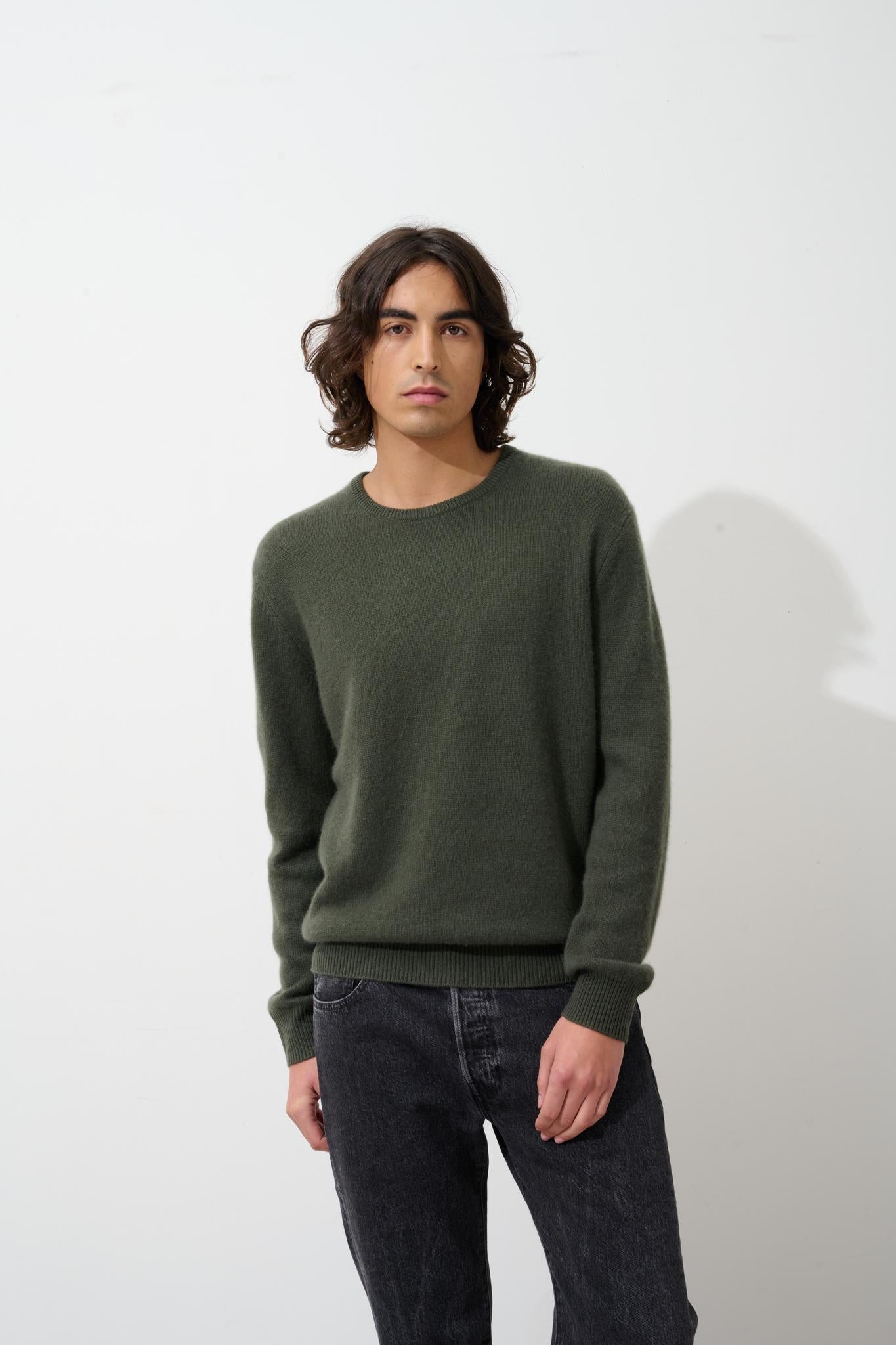 VICTO Pullover mit Rundhalsausschnitt 4 Fäden khaki 100% Kaschmir