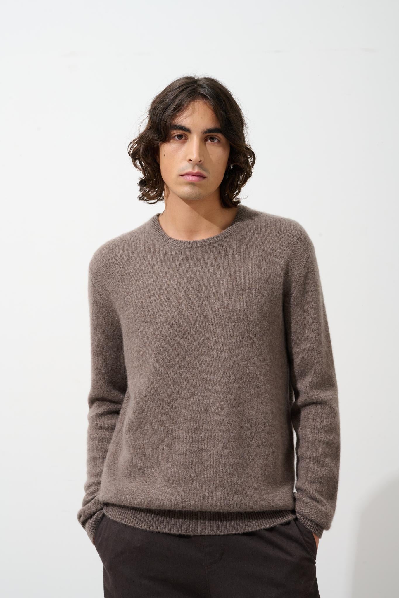 VICTO 4-thread taupe mottled round-neck sweater 100% cashmere