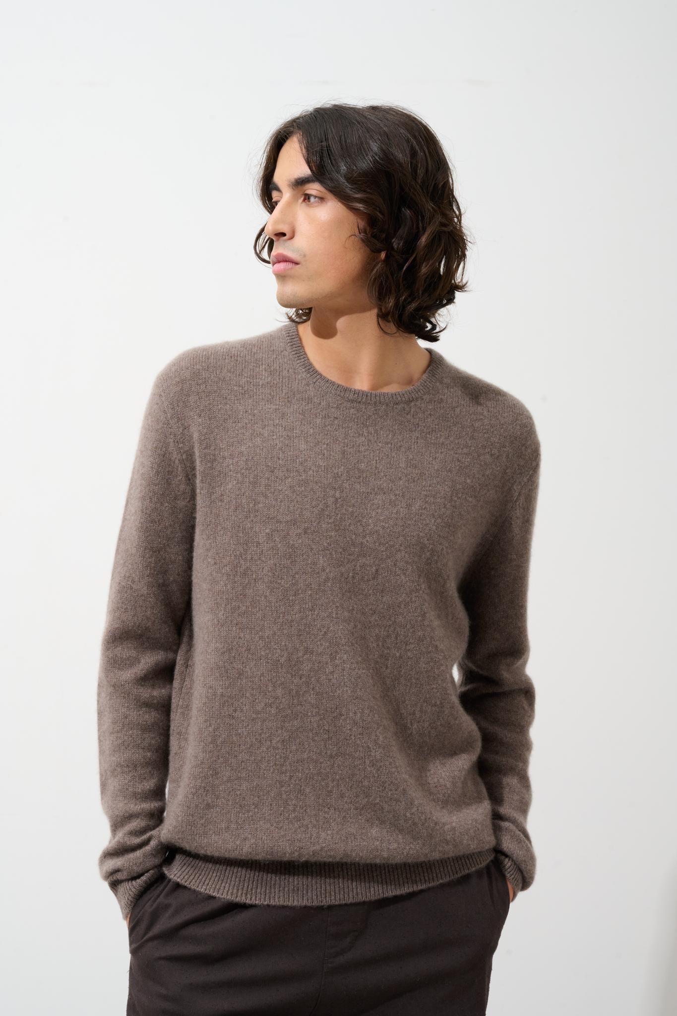 VICTO 4-thread taupe mottled round-neck sweater 100% cashmere