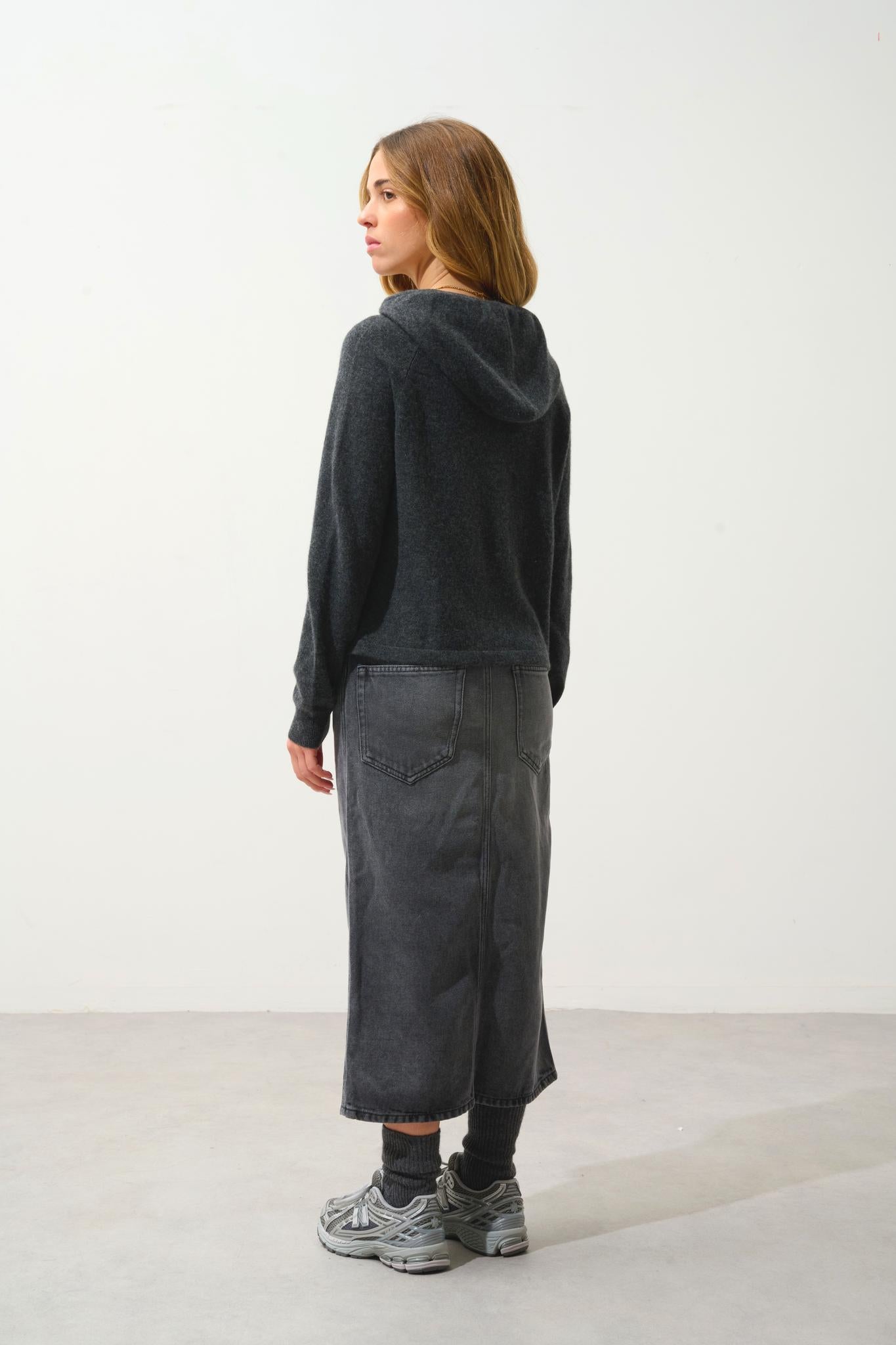 YARLSIDE pull capuche carbone chiné 100% cachemire