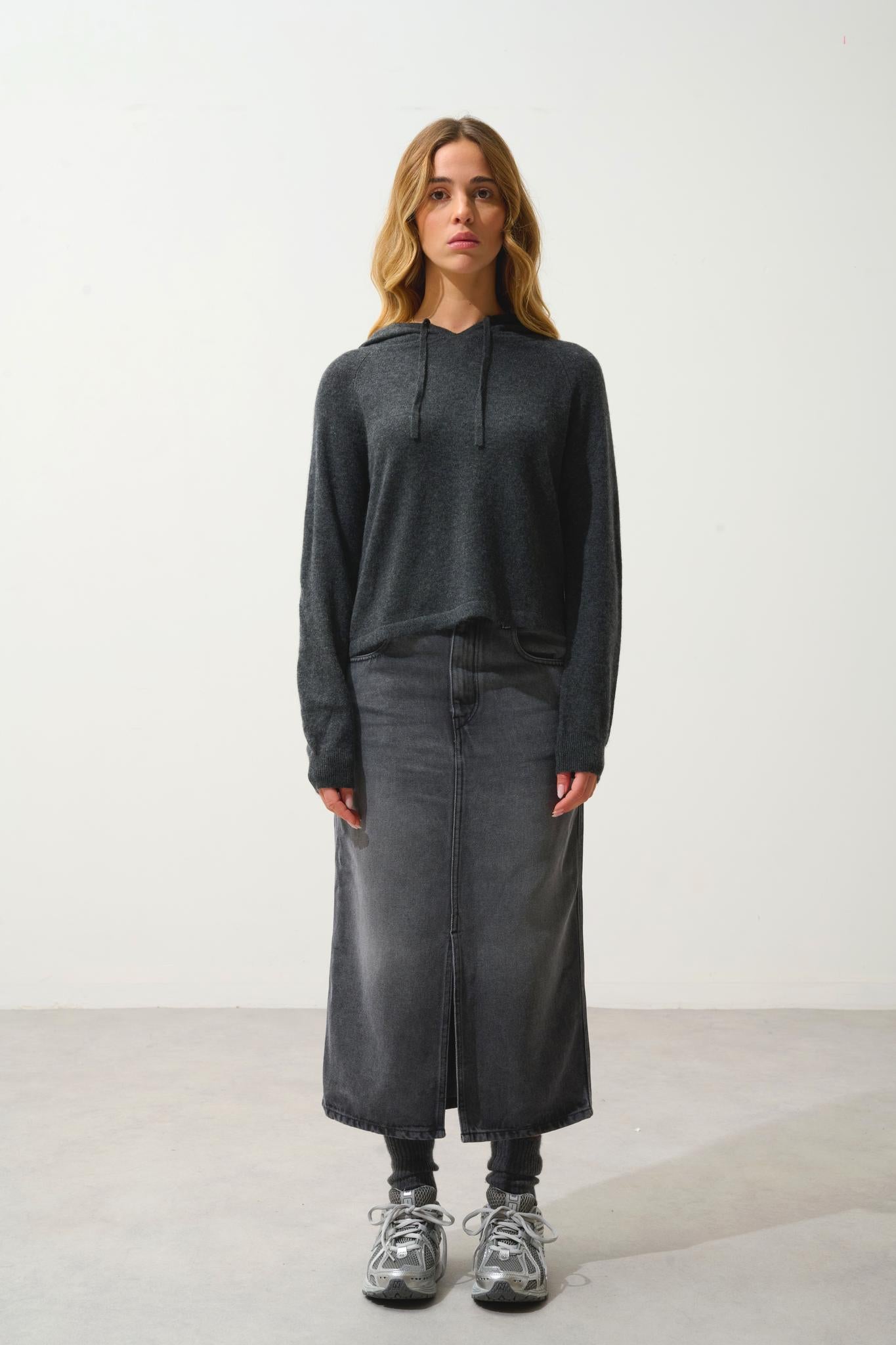 YARLSIDE pull capuche carbone chiné 100% cachemire