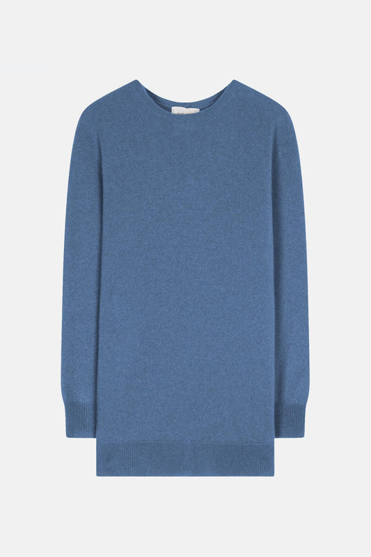 ESTARIS Pullover Rundhalsausschnitt geknöpft Rücken blau Denim 100% Kaschmir