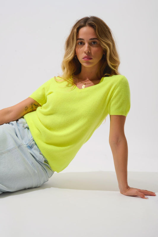 KALI thirt col v jaune fluo 100% cachemire