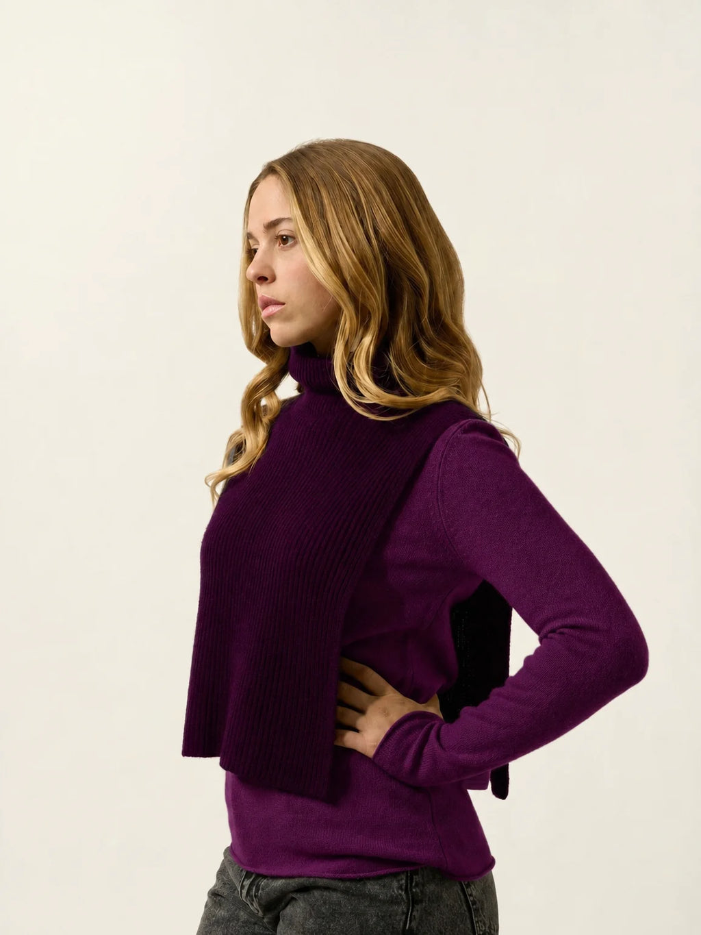 SIV Poncho Ouvert Col Roulé 4 Fils Prune
