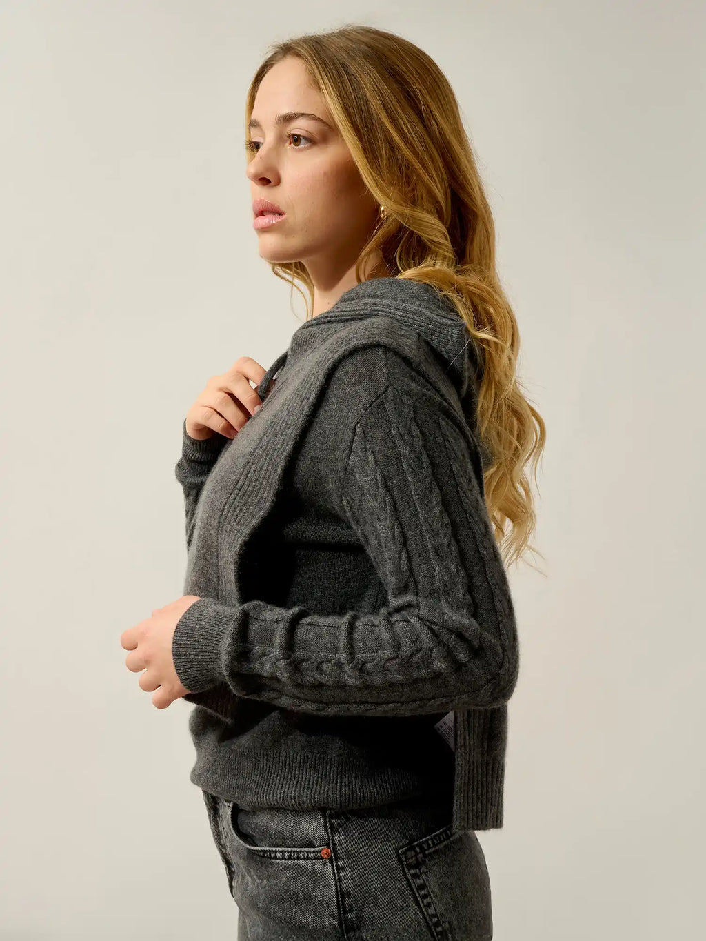 ELIN Poncho Ouvert Col Camionneur 4 Fils Anthracite Chiné