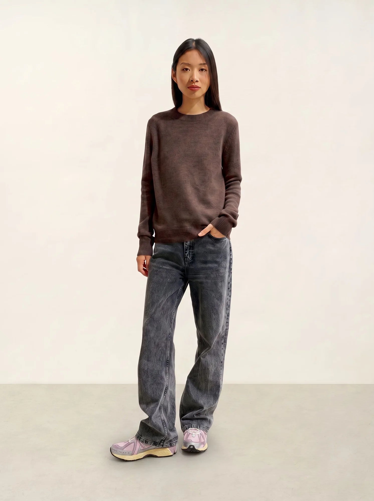 SYLOR Pull Col Rond 4 Fils Taupe Chiné
