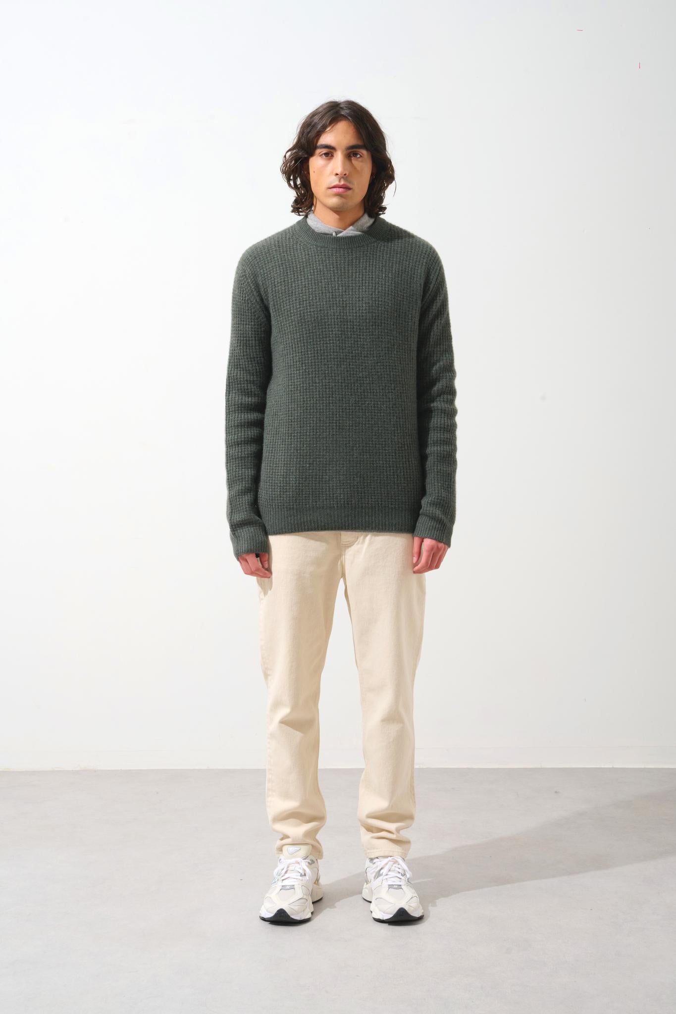 AKSEL 4-thread khaki mottled round-neck sweater 100% cashmere