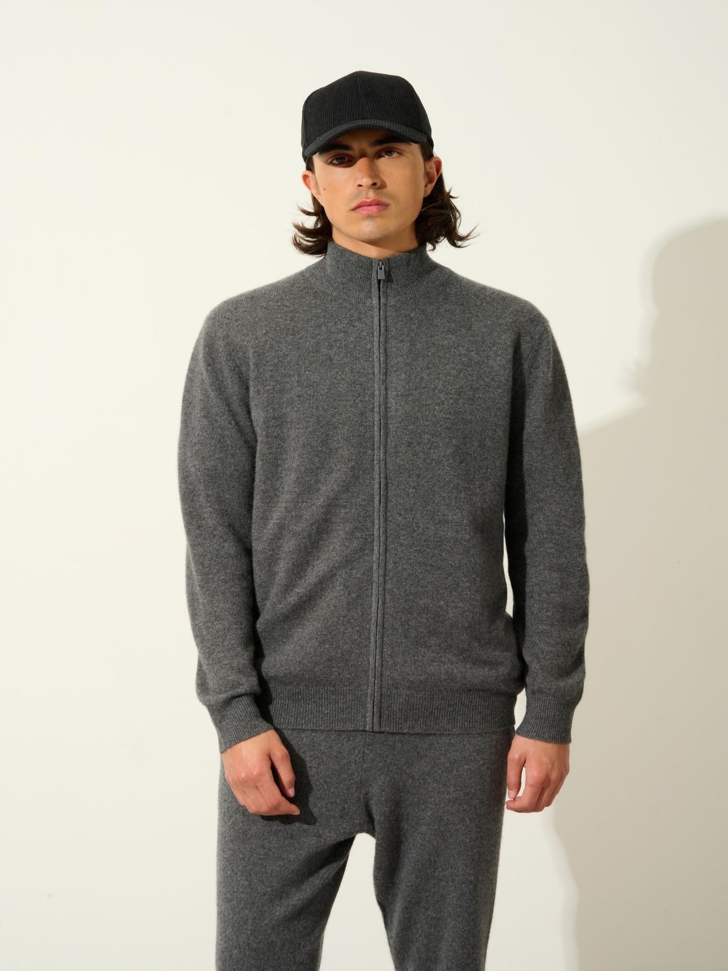 ALBARON gilet zippé col montant anthracite chiné 100% cachemire