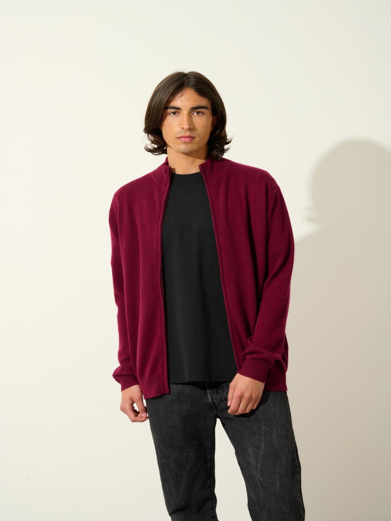 ALBARON gilet zippé col montant bordeaux 100% cachemire