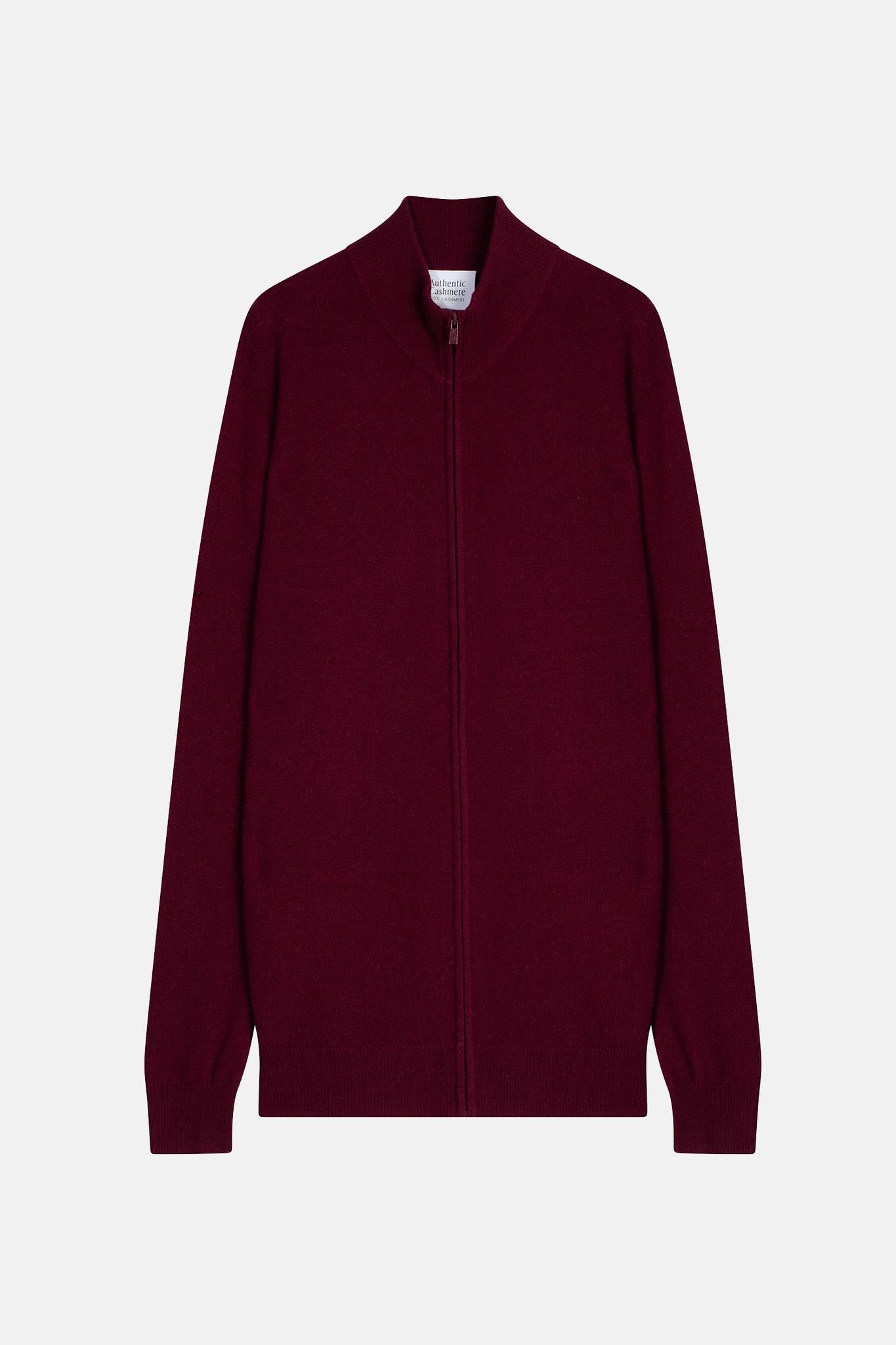ALBARON Burgunder Strickjacke mit hohem Kragen und Reißverschluss, 100 % Kaschmir