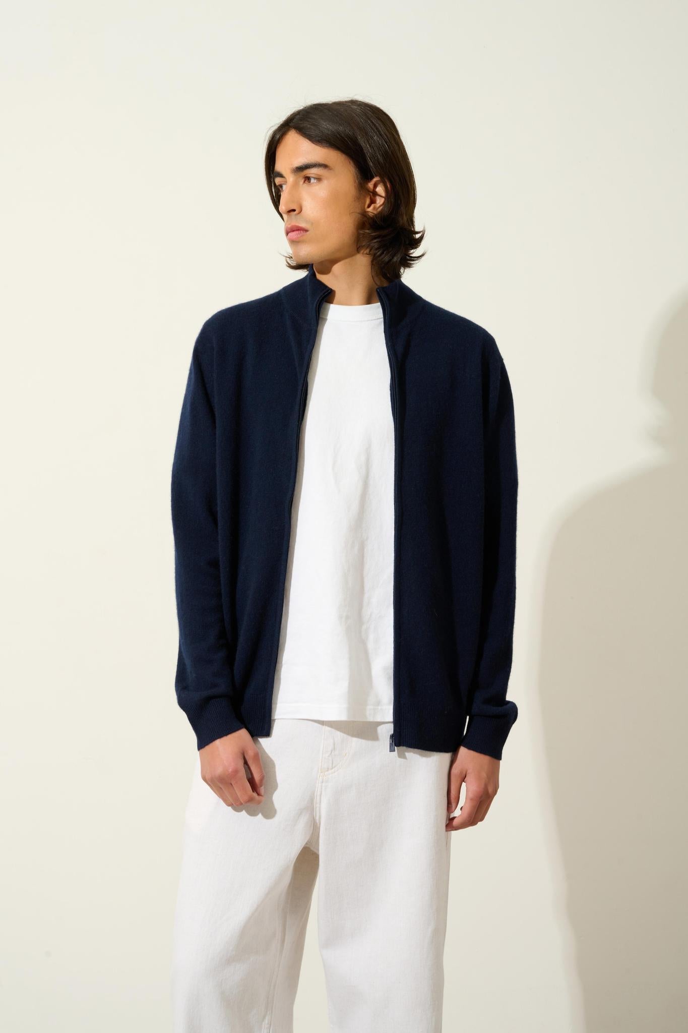 ALBARON zipped cardigan stand-up collar navy 100% cashmere