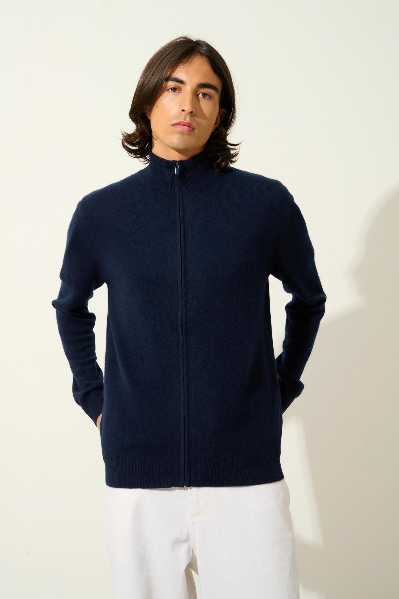 ALBARON gilet zippé col montant navy 100% cachemire