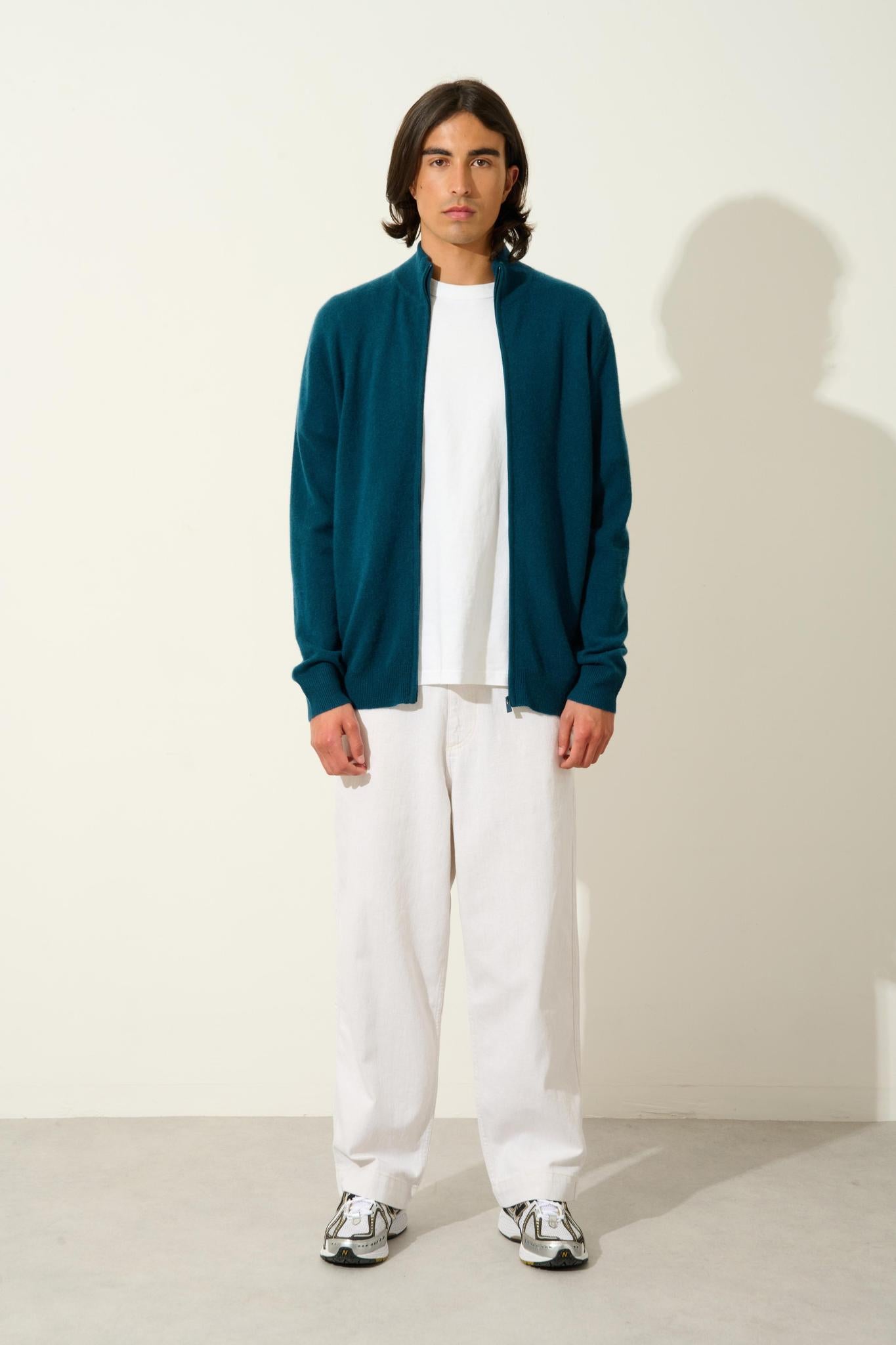 ALBARON Entengrüne Strickjacke mit Stehkragen und Reißverschluss, 100 % Kaschmir