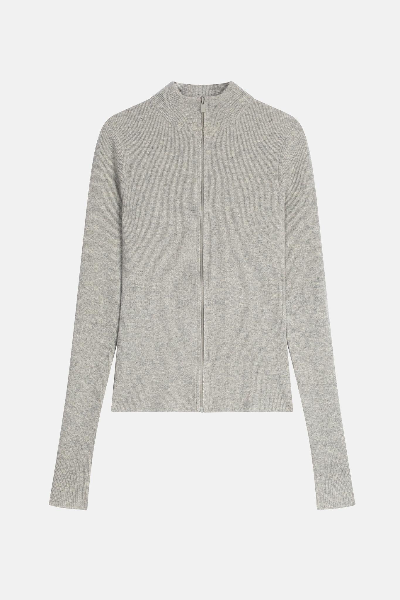 ALBERTE zipped cardigan stand collar mottled grey 100% cashmere