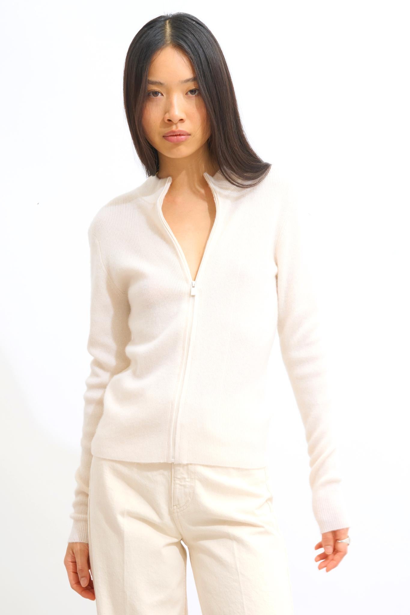 ALBERTE zipped cardigan stand-up collar snow 100% cashmere