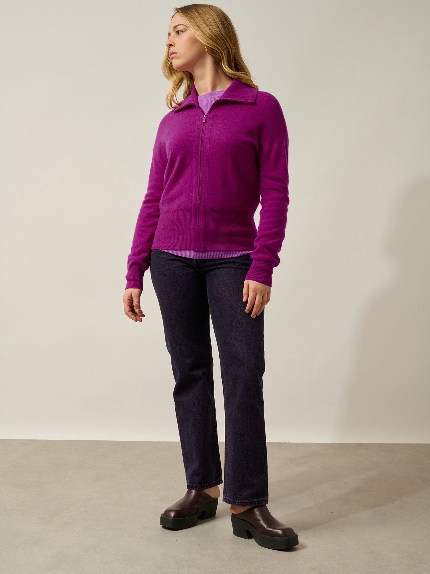 annelise gilet zippé col camionneur violine 100% cachemire