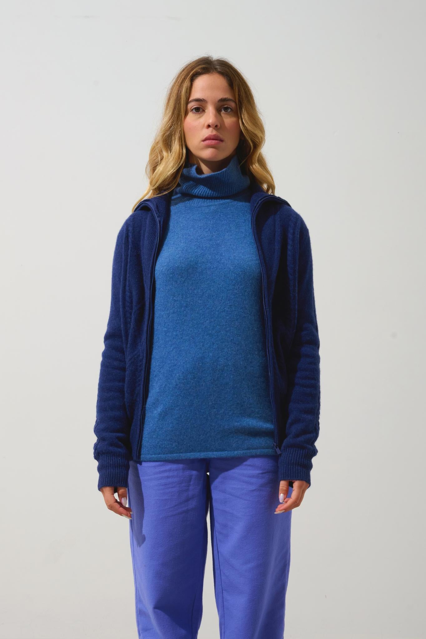 ANTIGO 4-thread trucker-collar zip cardigan midnight blue 100% cashmere