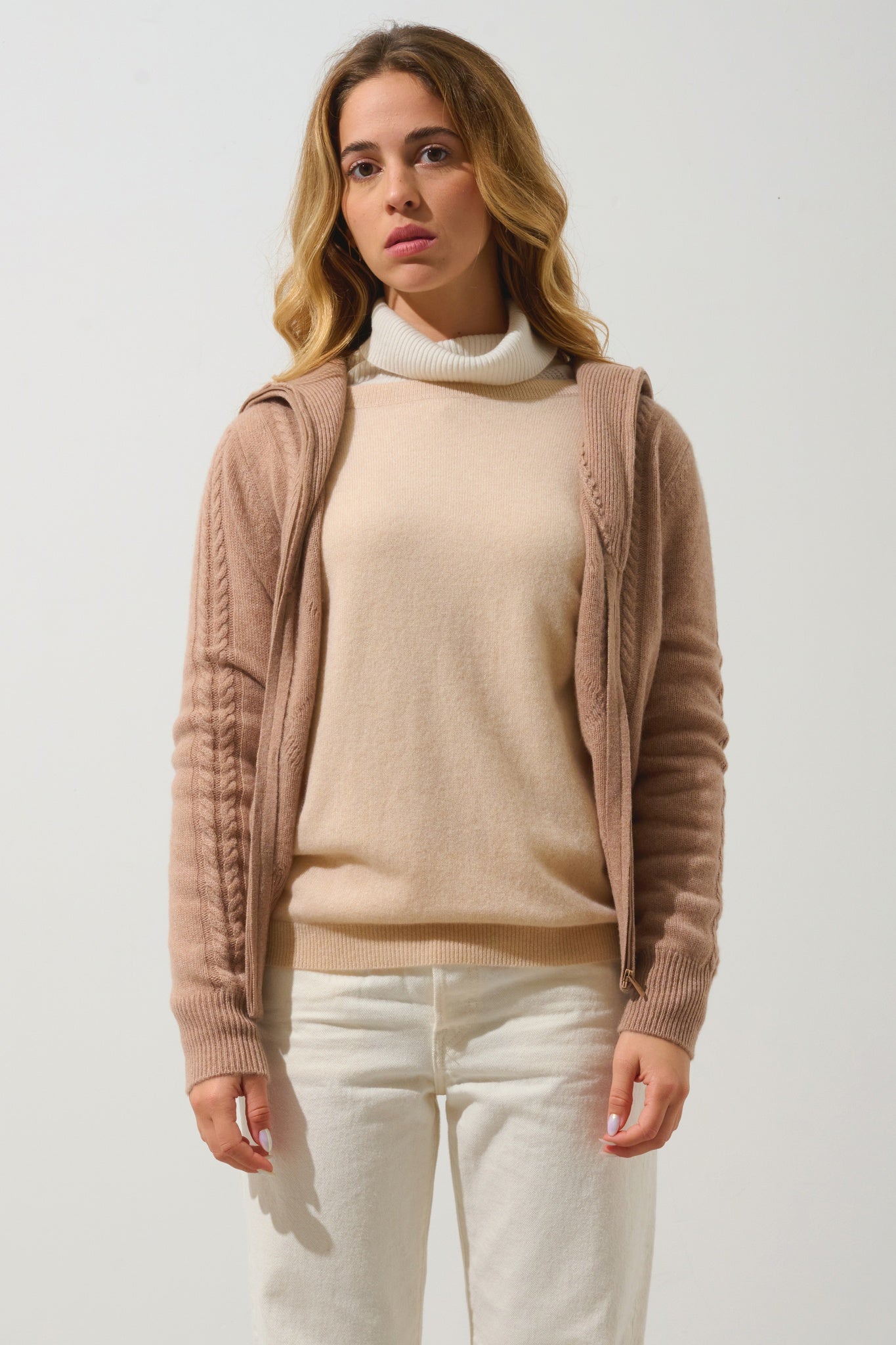 ANTIGO 4-thread camel mottled 100% cashmere cardigan with zipper collar ...