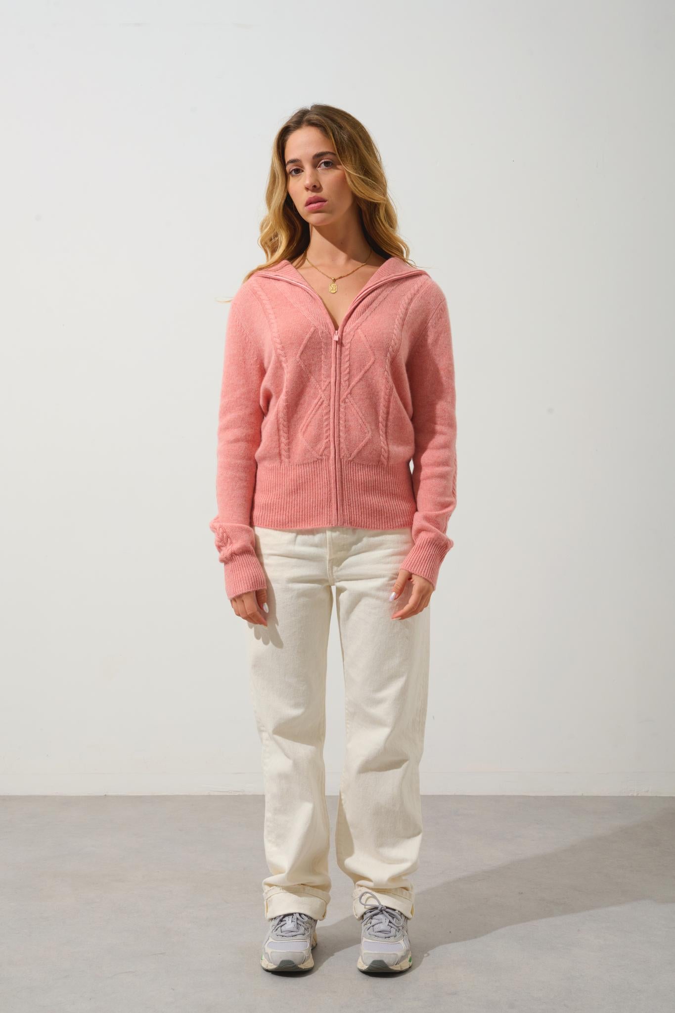 ANTIGO vest with zipper, 4-thread trucker collar, mottled coral 100% cashmere