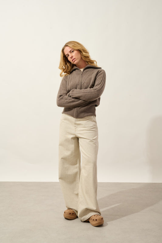 antigo gilet zippé col camionneur 4 fils taupe chiné 100% cachemire