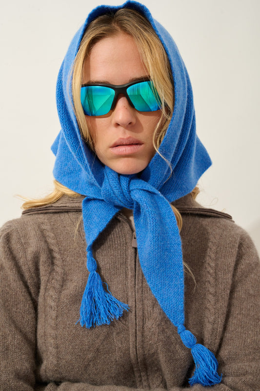 arelis écharpe triangle avec franges 4 fils bleu électrique 100% cachemire