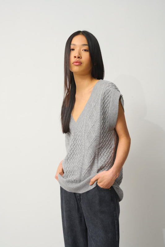 ASLOG pull col v sans manches 4 fils nuage chiné 100% cachemire