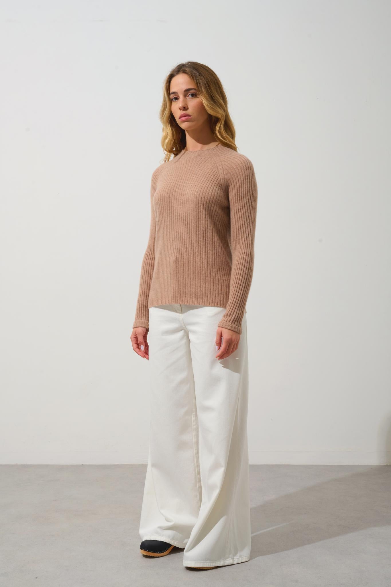 ASSIA sweater stand-up collar button cuffs camel mottled 100% cashmere