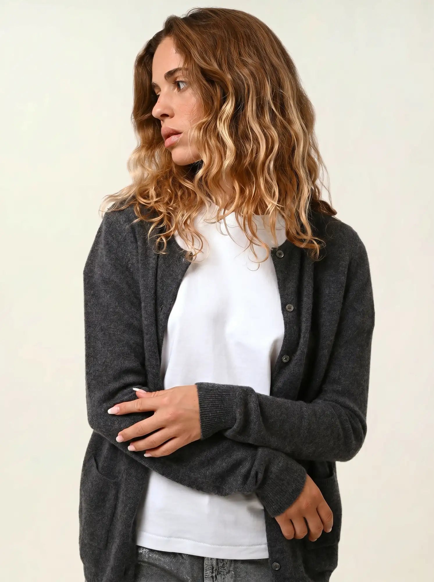 CARON cardigan col rond anthracite chiné