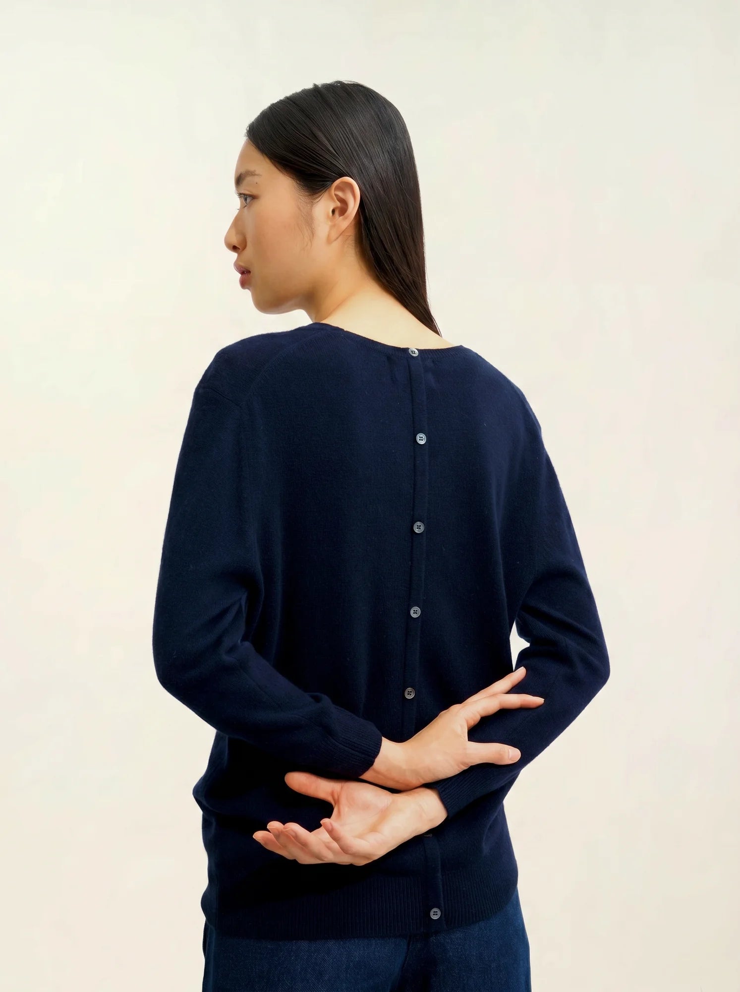 ESTARIS pull col rond boutonné dos bleu marine