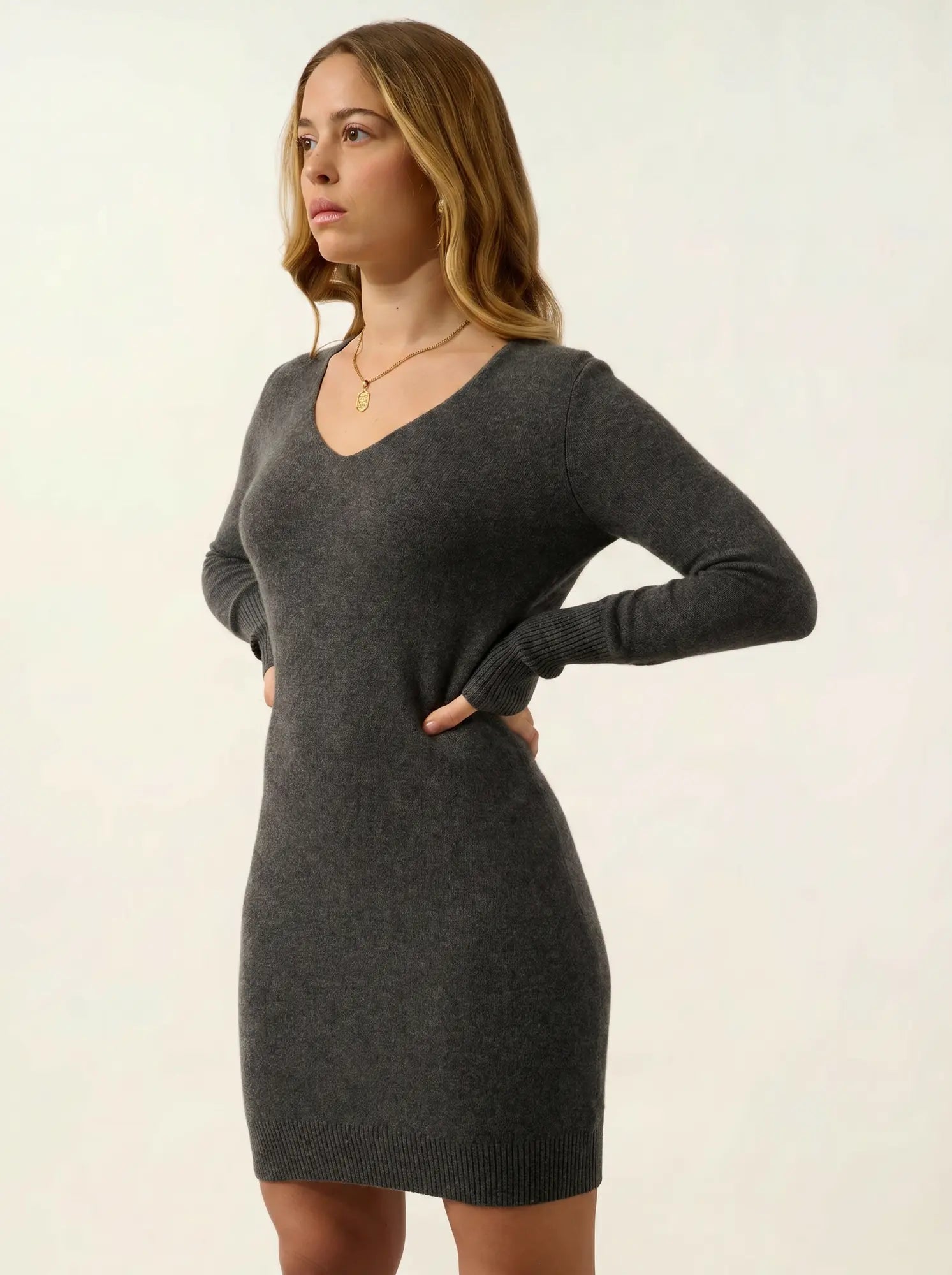 CAPELET robe col V anthracite chiné