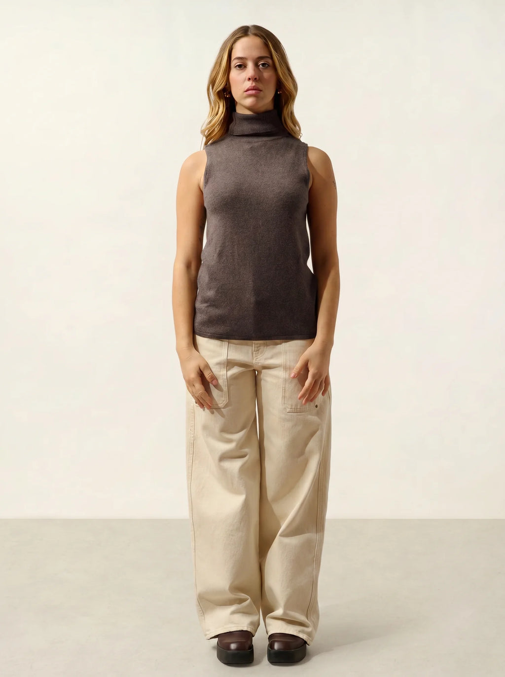 CAPUCIN Pullover Rollkragen ärmellos Taupe meliert