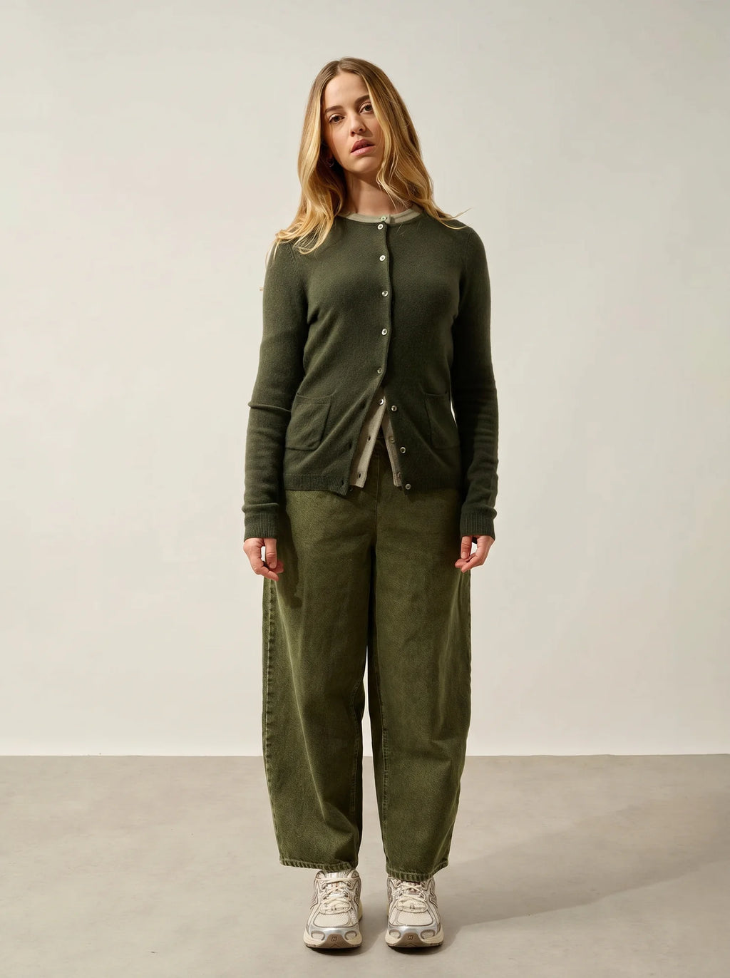 CARON cardigan col rond kaki