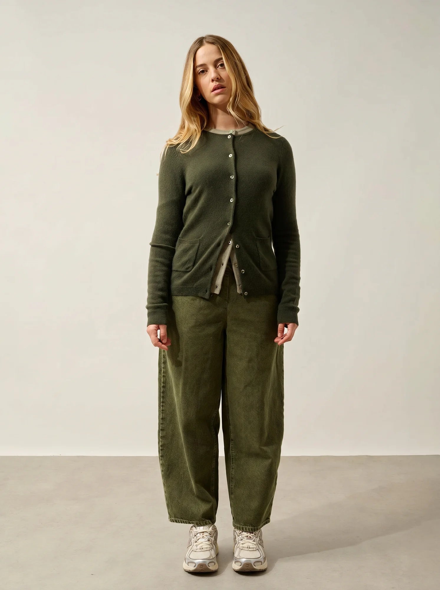CARON cardigan col rond kaki