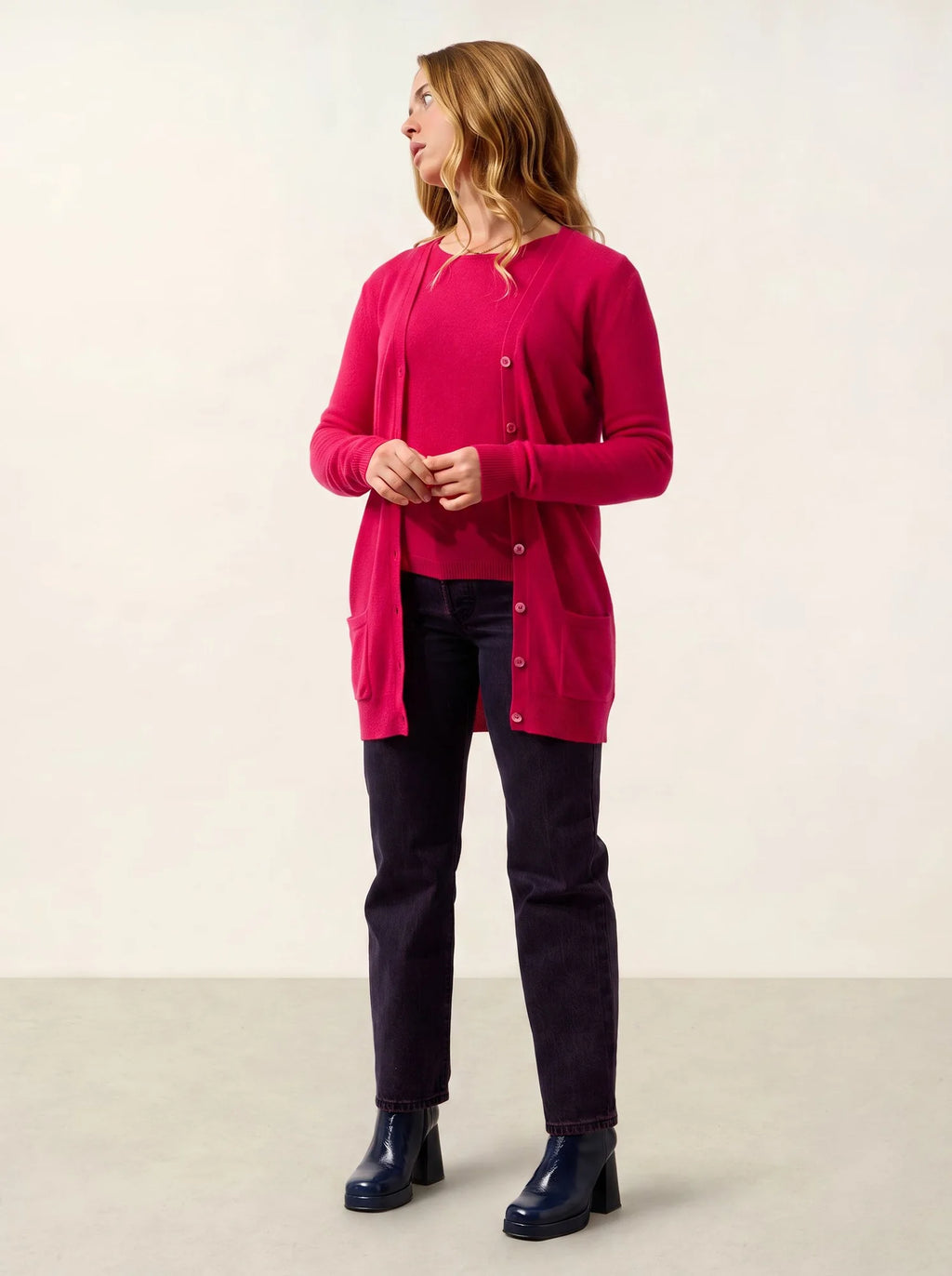 CIMET Strickjacke V-Ausschnitt Fuchsia