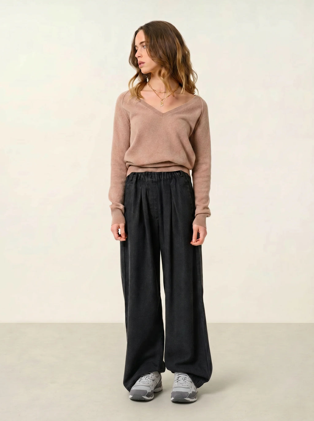 GIUSALET Pullover V-Ausschnitt Camel meliert