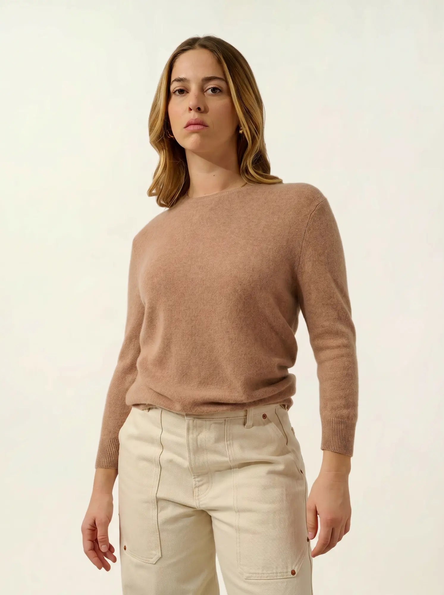 ESTARIS pull col rond boutonné dos camel chiné